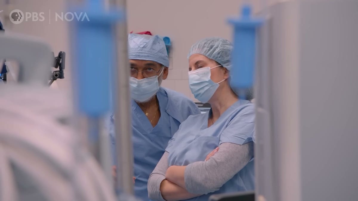 consciousness and brain communication video still: Two medical professionals in scrubs and masks are observing a patient in a hospital setting