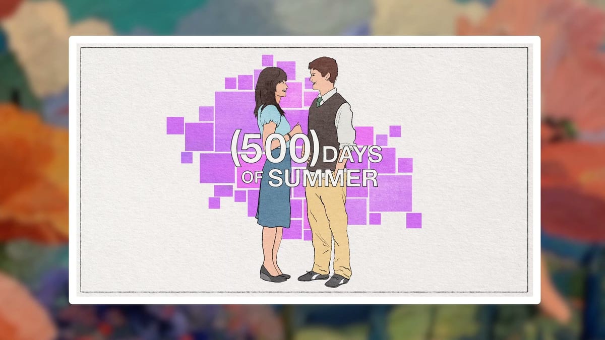 lasting love in relationships video still: The movie poster for (500) Days of Summer, featuring a couple in front of a purple pixelated heart, illustrating the 