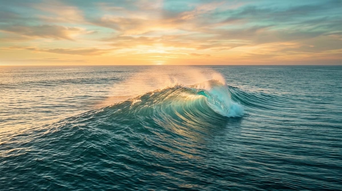 Monad as God illustration: a glowing wave rising from a calm ocean, the wave that is never separate from the sea