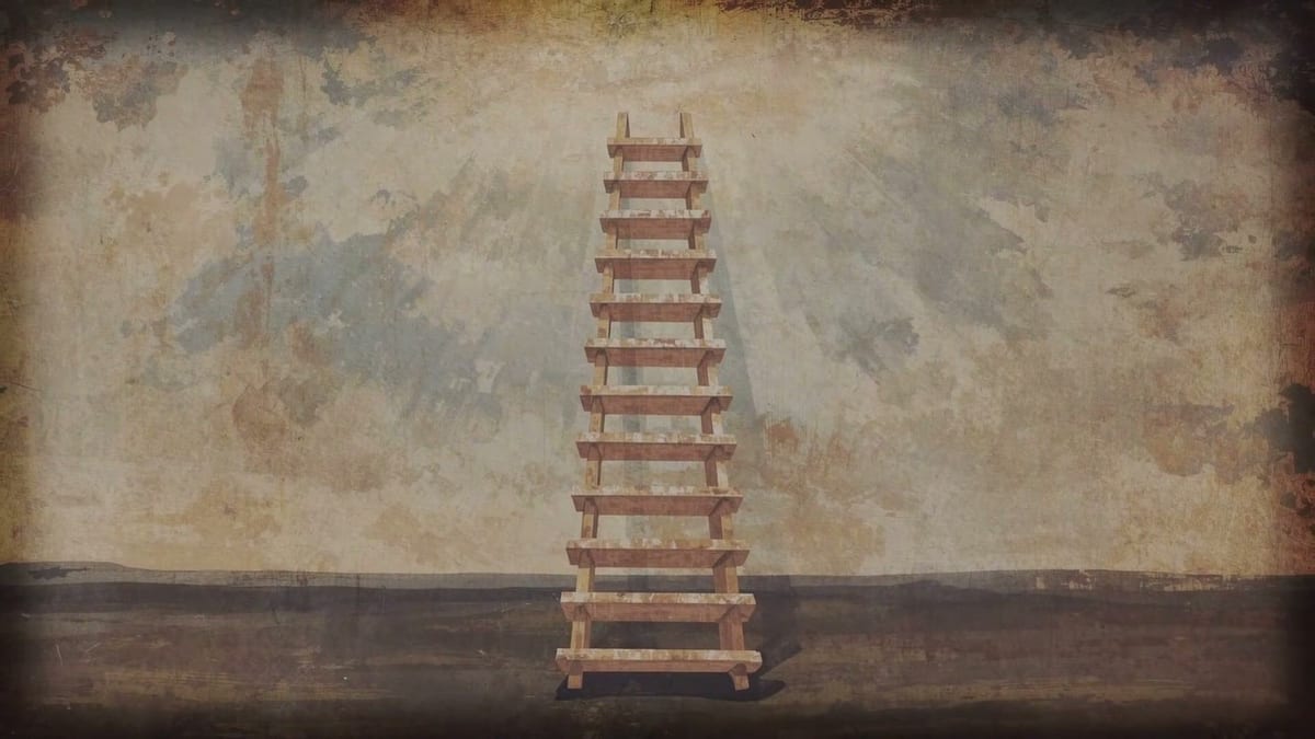 Monad as God video still: A wooden ladder against a textured wall, symbolizing ascent or a journey